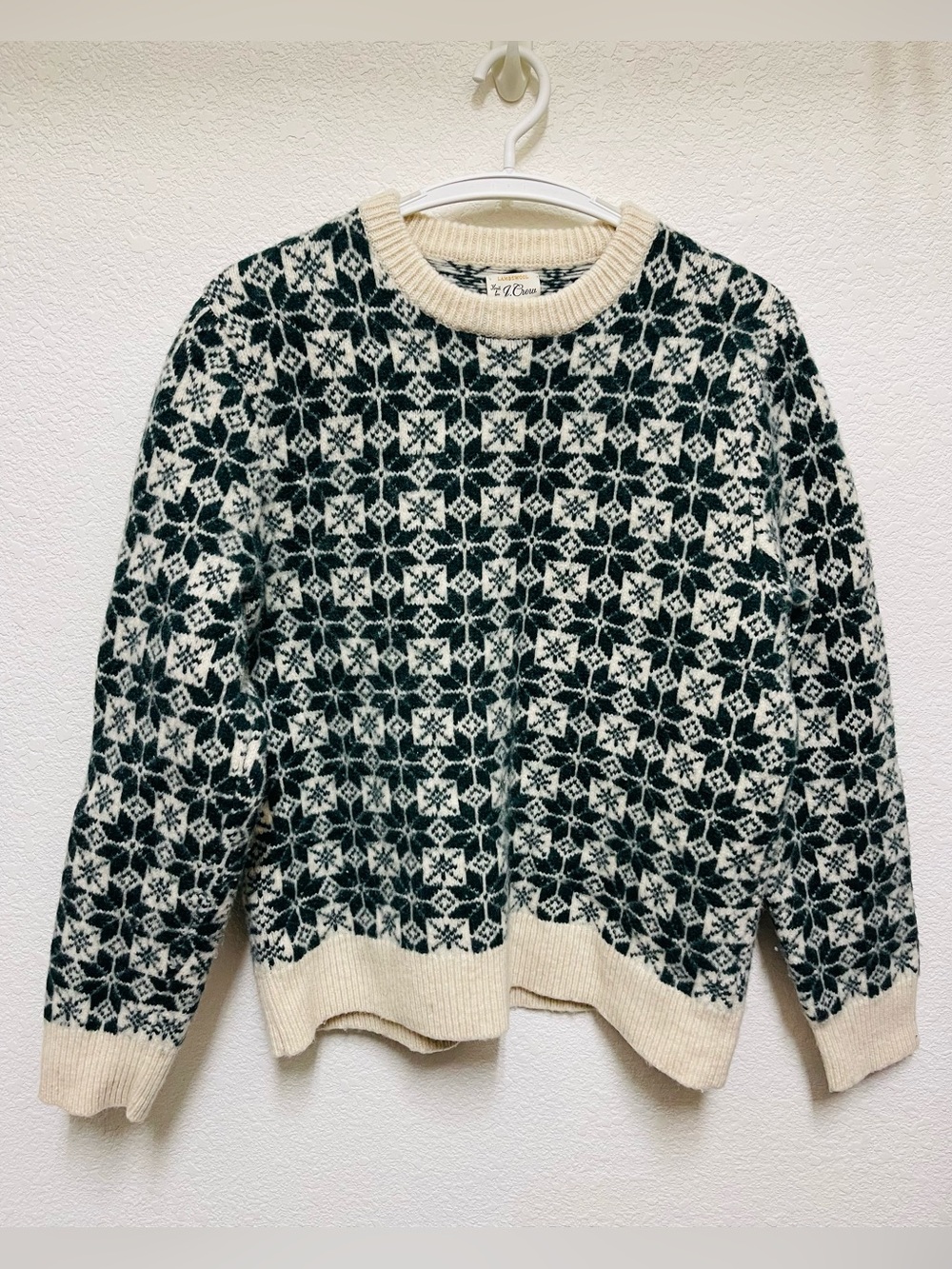 J. CREW Lambswool Fair Isle Crewneck Sweater Dark Green & Cream Men’s Size XL